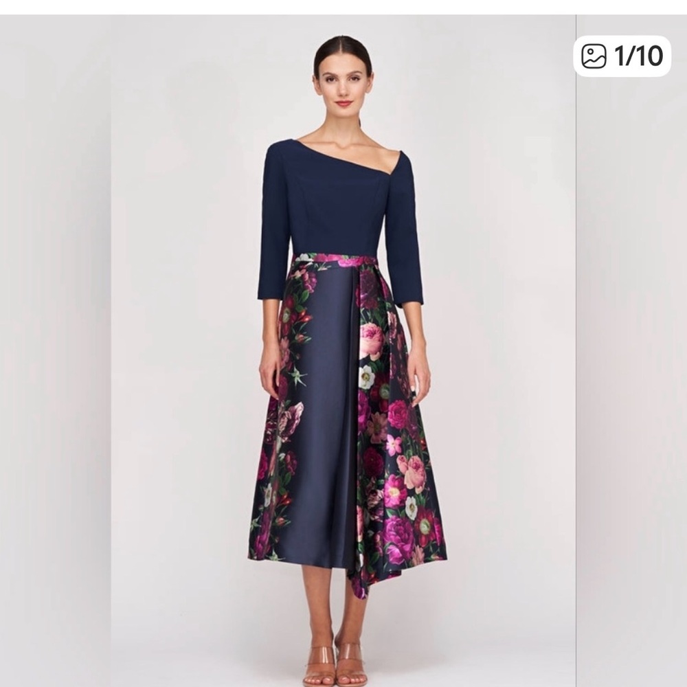 Kay Unger Navy and Pink Giovanna Midi Dress